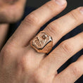 Load image into Gallery viewer, Rose gold plated St Rita of Cascia ring worn on finger, saint portrait signet, religious jewelry gift
