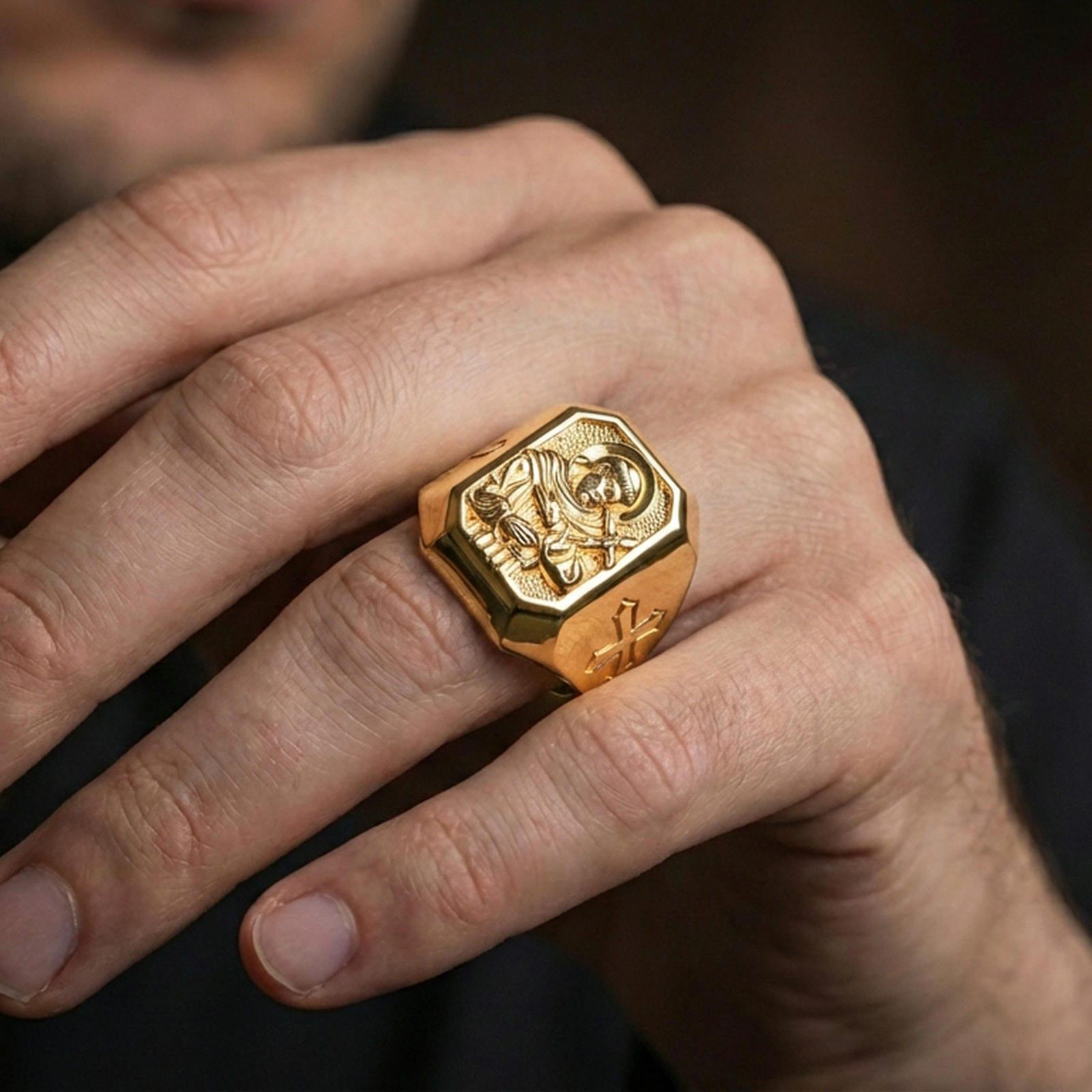 Gold plated Saint Francis ring worn on finger, religious signet jewelry, Catholic gift for men