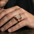 Load image into Gallery viewer, Rose gold plated Our Lady of Guadalupe ring worn on finger, Marian icon signet style, devotional jewelry gift
