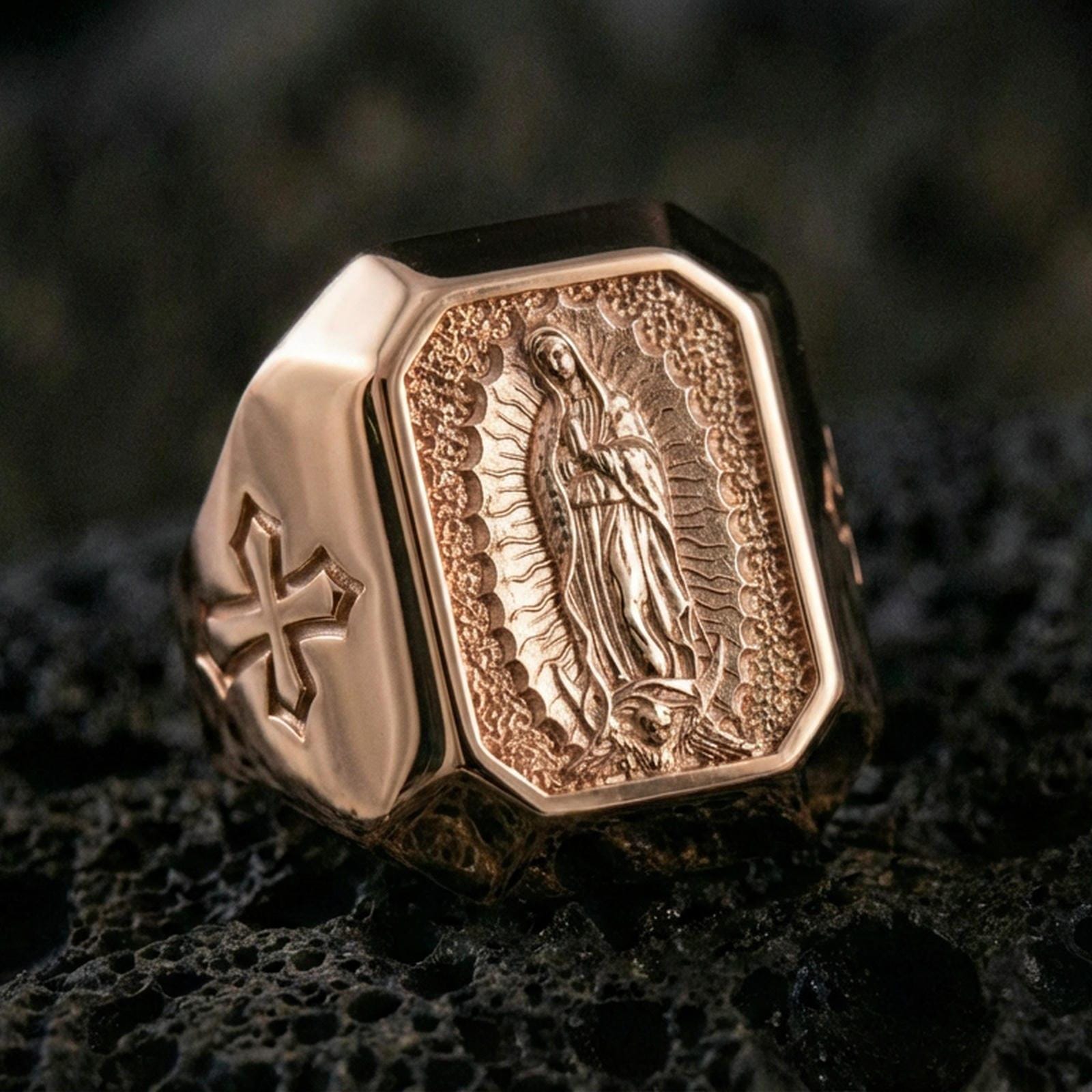 Rose gold plated Our Lady of Guadalupe ring on volcanic stone, religious signet style, Virgin Mary icon carving