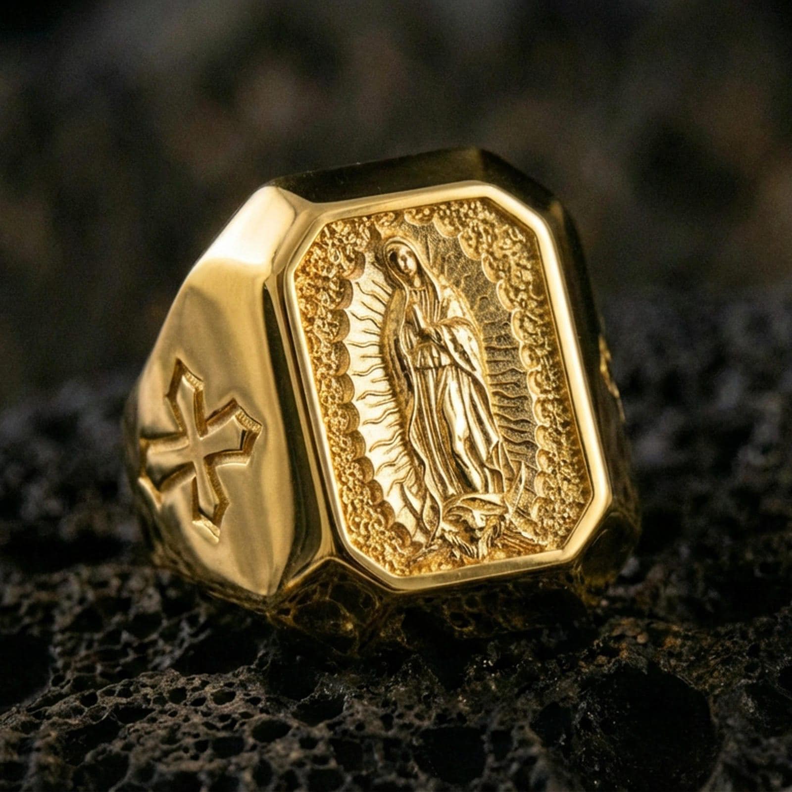 Gold plated Our Lady of Guadalupe signet ring on dark volcanic rock, sacred Marian relief, cross side accents