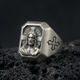 Load image into Gallery viewer, Oxidized sterling silver Jesus Christ signet ring on volcanic rock, sacred portrait relief, cross shoulder engraving

