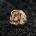 Load image into Gallery viewer, Rose gold plated St Anthony ring on volcanic stone, Catholic saint signet style, St Anthony engraved jewelry
