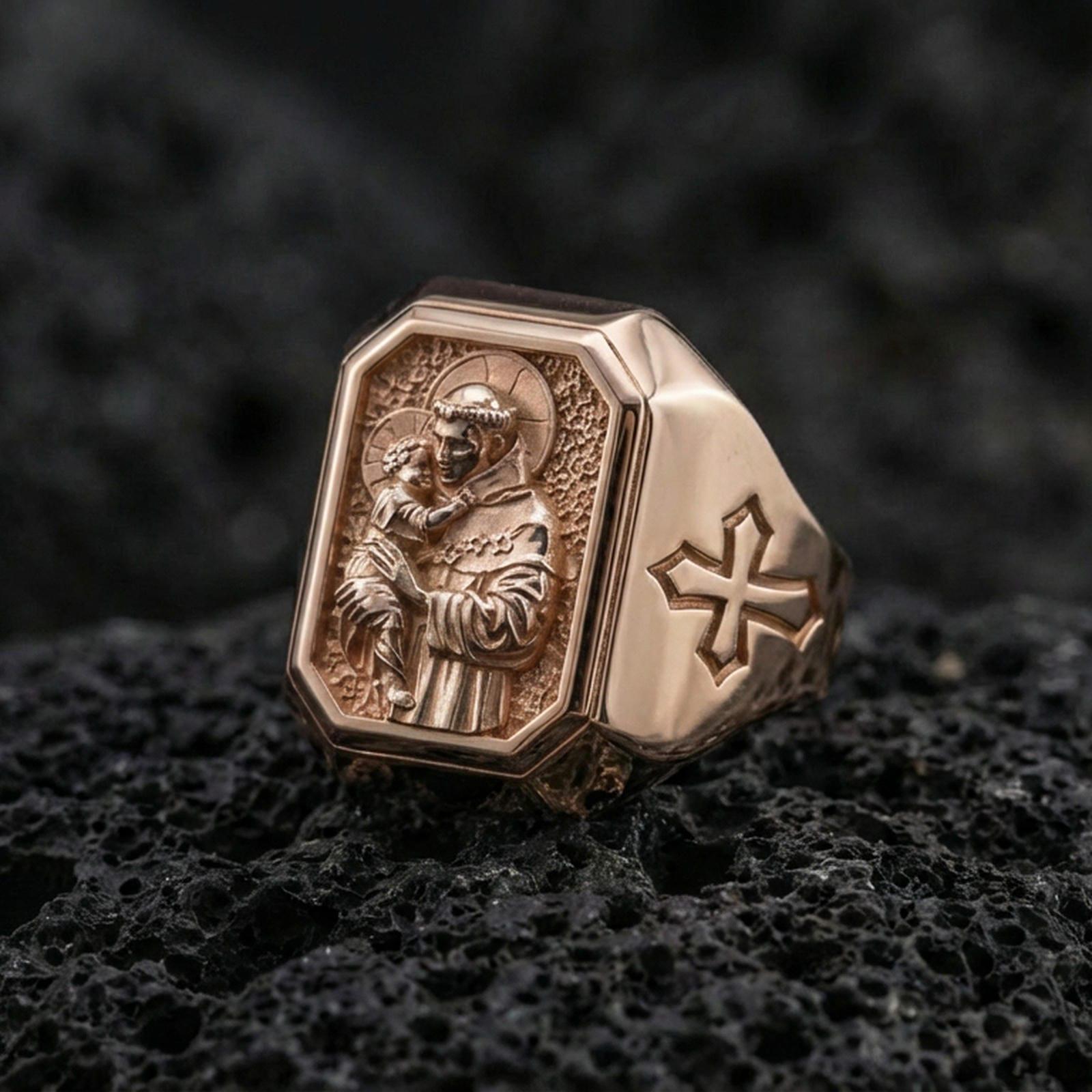 Rose gold plated St Anthony ring on volcanic stone, Catholic saint signet style, St Anthony engraved jewelry