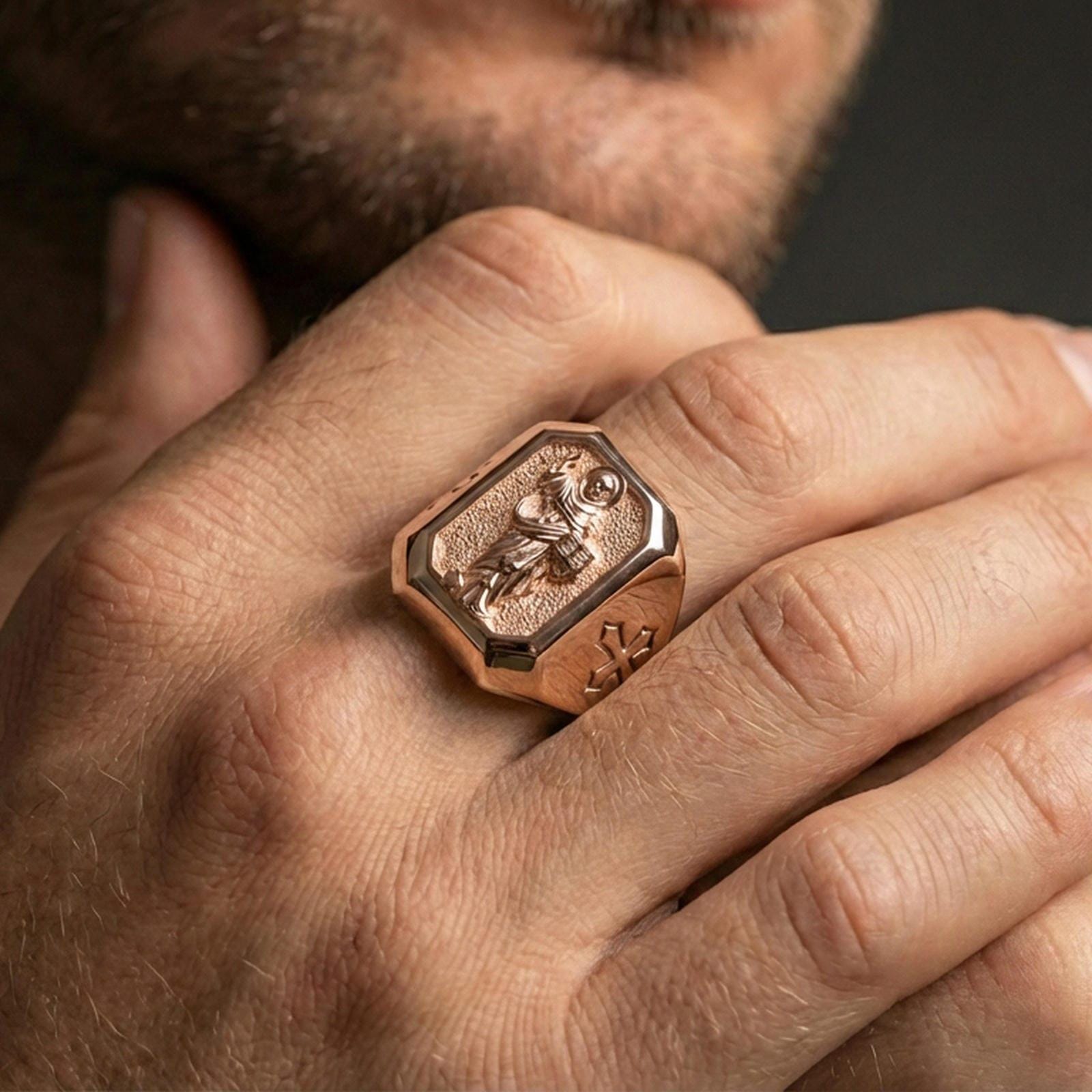 Rose gold plated St Dominic ring worn on finger, saint portrait signet style, devotional Catholic jewelry gift