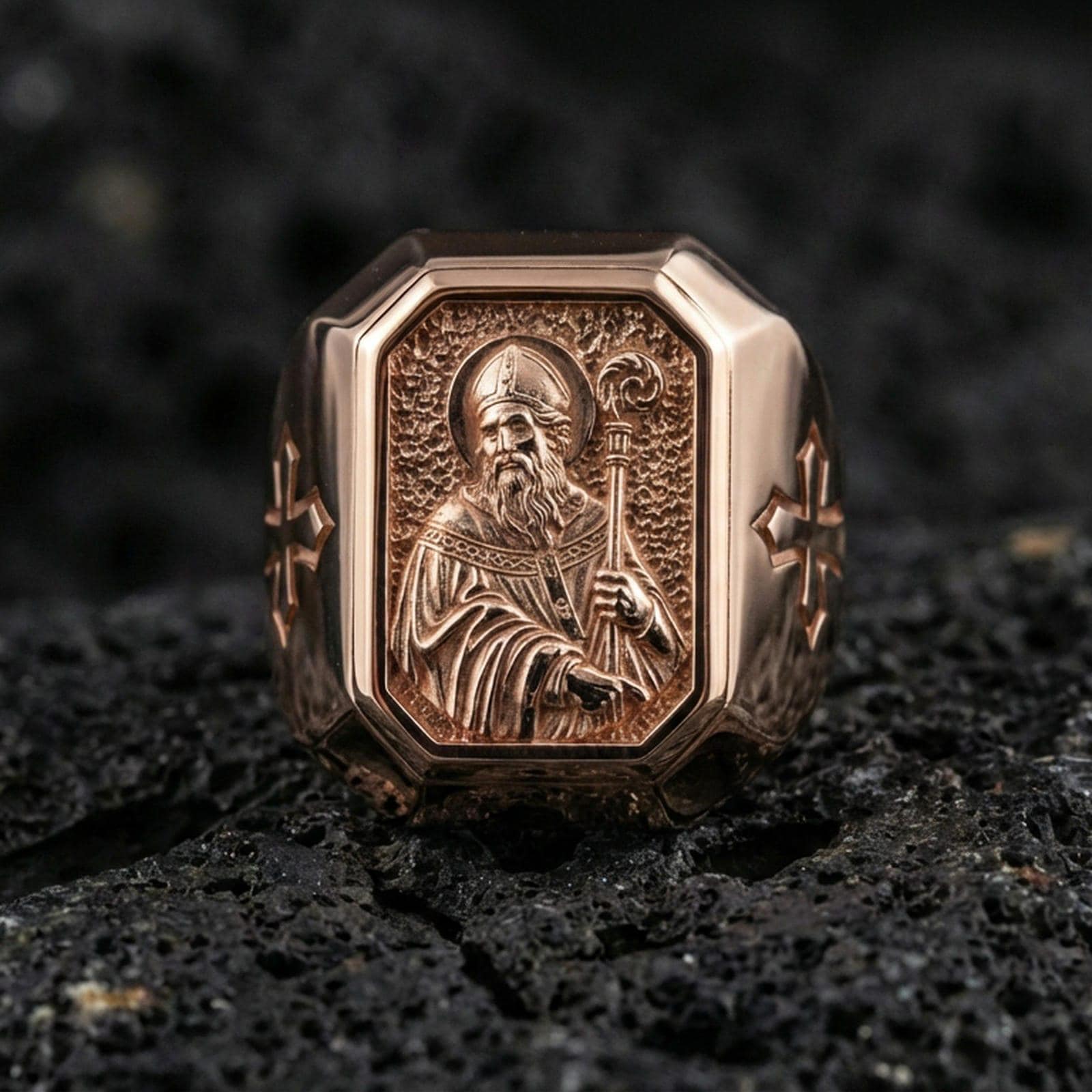 Rose gold plated St Patrick ring on volcanic stone, St Patrick bishop engraving, religious men’s signet style