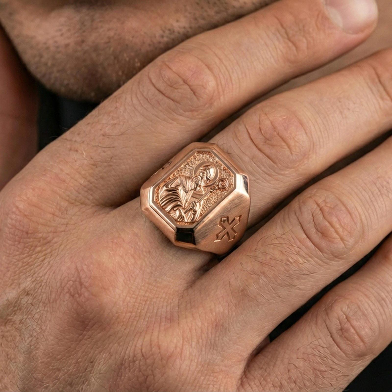 Rose gold plated St Patrick ring worn on finger, St Patrick bishop signet style, devotional Christian jewelry gift