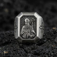 Load image into Gallery viewer, Oxidized sterling silver St Patrick signet ring on volcanic rock, saint bishop relief with crozier, cross side engraving
