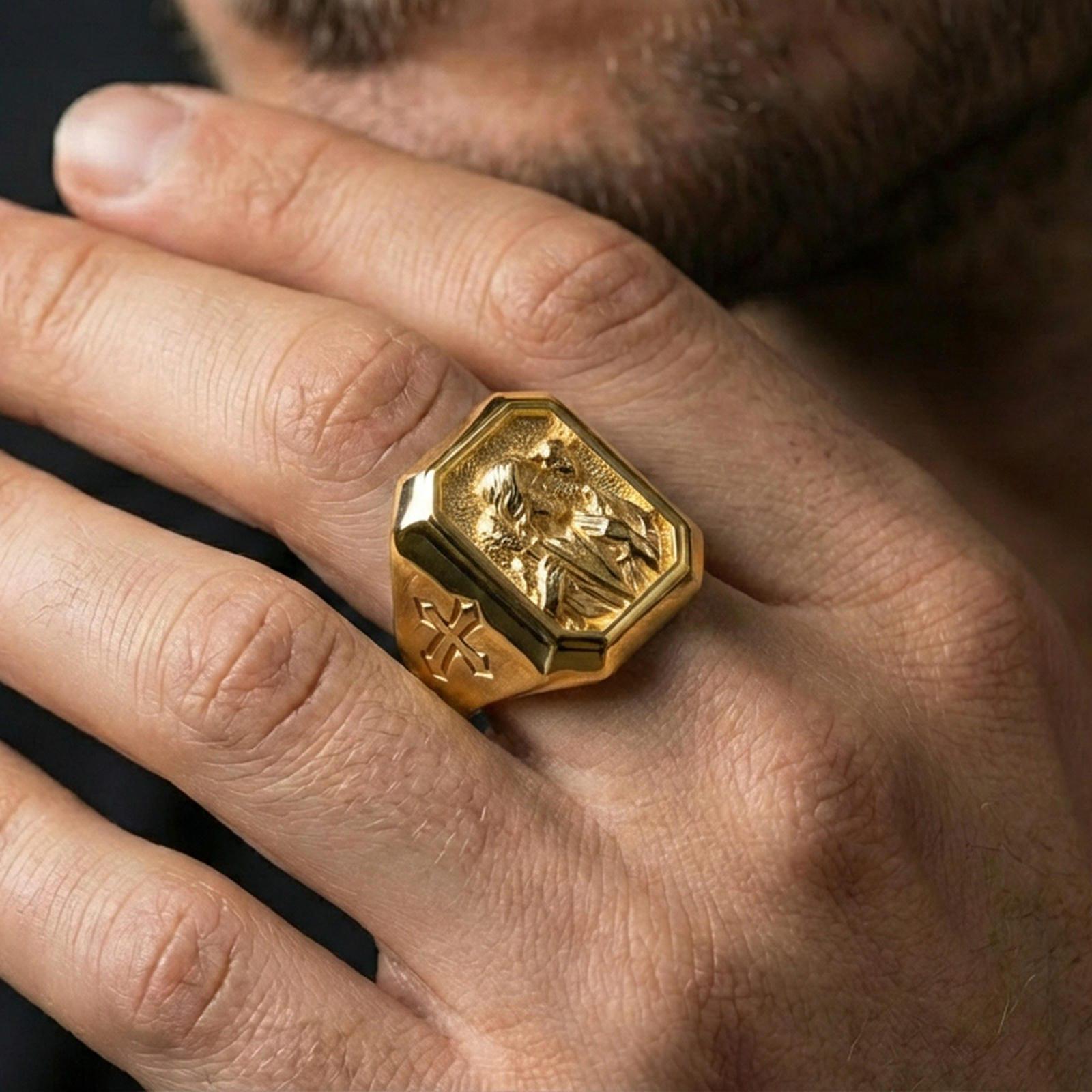 Gold plated Jesus Shepherd ring worn on finger, religious men’s signet jewelry, meaningful Christian gift for him