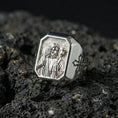 Load image into Gallery viewer, Polished silver Jesus Good Shepherd ring on porous volcanic stone, detailed shepherd portrait carving, Christian signet jewelry
