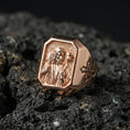 Load image into Gallery viewer, Rose gold plated Jesus Good Shepherd ring on volcanic stone, shepherd and lamb engraving, religious men’s signet style
