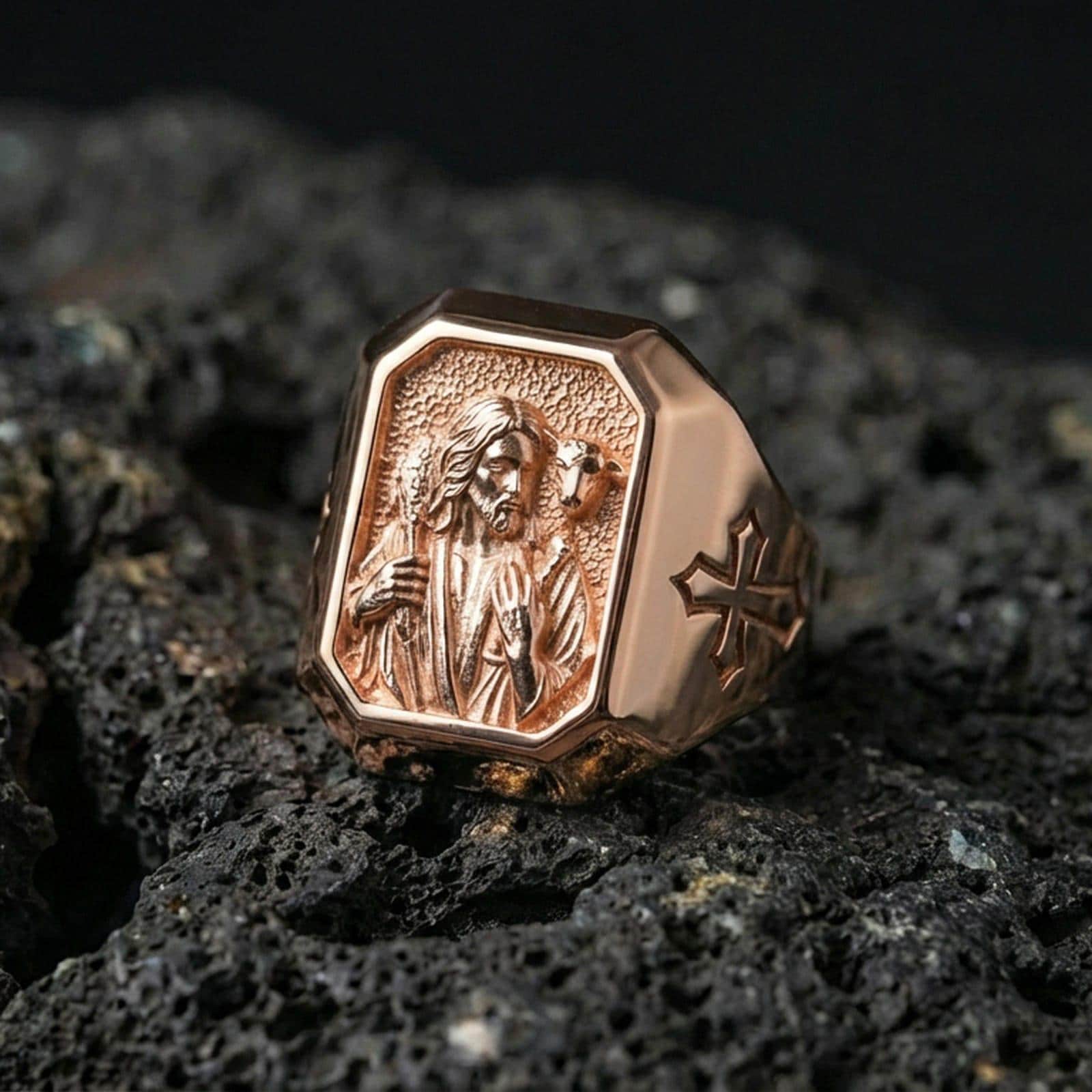 Rose gold plated Jesus Good Shepherd ring on volcanic stone, shepherd and lamb engraving, religious men’s signet style