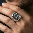 Load image into Gallery viewer, Polished silver Jesus Good Shepherd signet ring worn on finger, Christian faith ring, detailed shepherd engraving close-up

