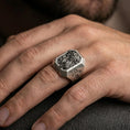 Load image into Gallery viewer, Oxidized sterling silver Jesus crown of thorns ring worn on finger, side-profile Christ relief, cross shoulder engravings
