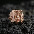 Load image into Gallery viewer, Rose gold plated Madonna and Child ring on volcanic stone, Virgin Mary crowned relief, Catholic religious jewelry gift
