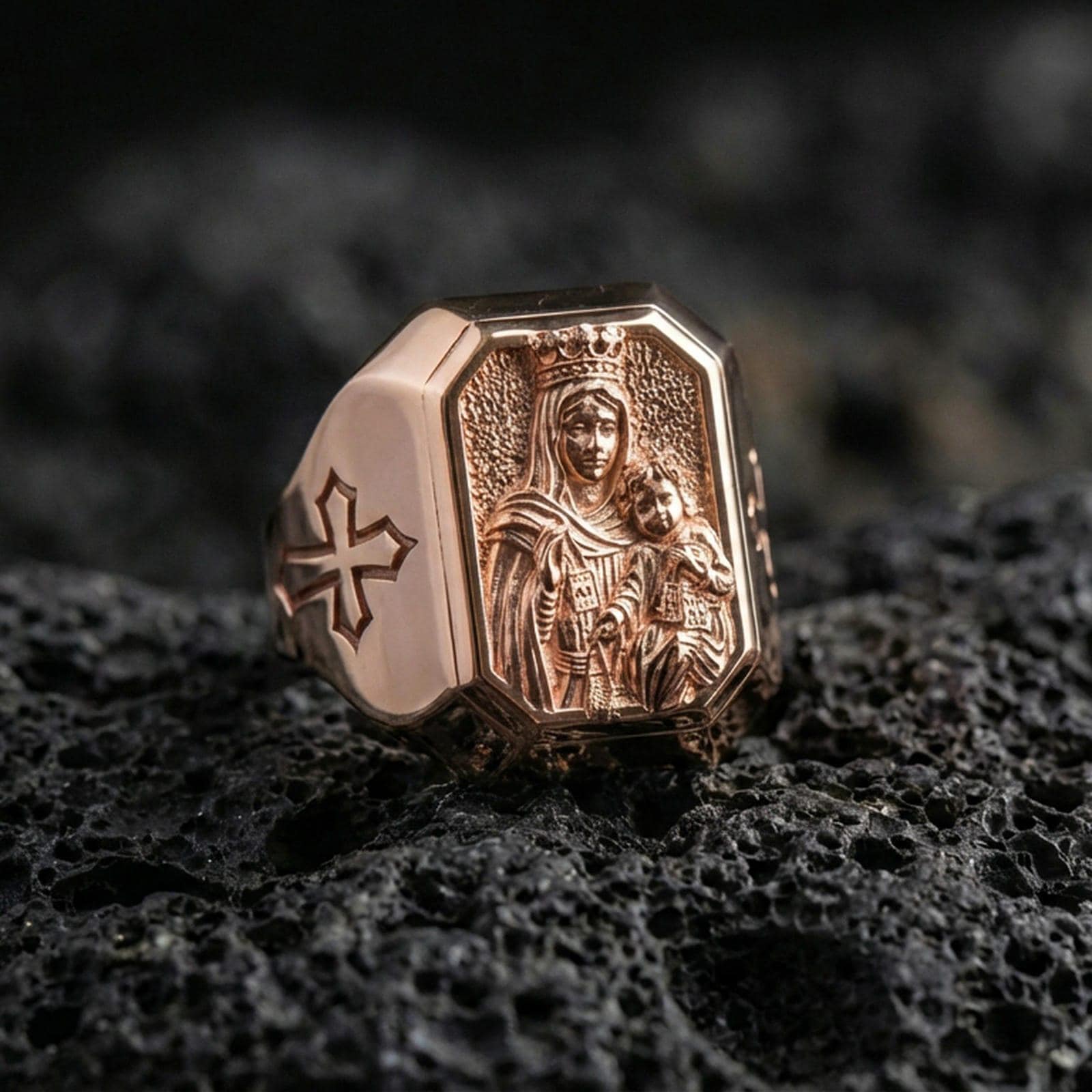 Rose gold plated Madonna and Child ring on volcanic stone, Virgin Mary crowned relief, Catholic religious jewelry gift
