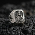 Load image into Gallery viewer, Oxidized sterling silver Virgin Mary ring on volcanic rock, crowned Madonna and Child relief, cross shoulder engraving close-up
