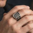 Load image into Gallery viewer, Oxidized sterling silver Saint Christopher ring worn on finger, patron of travelers icon relief, protective Christian jewelry
