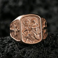 Load image into Gallery viewer, Rose gold plated Saint Christopher signet ring on volcanic stone, patron of travelers relief, faith-based gift for him
