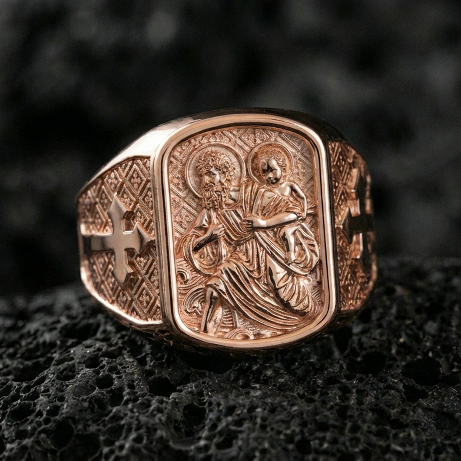 Rose gold plated Saint Christopher signet ring on volcanic stone, patron of travelers relief, faith-based gift for him