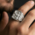 Load image into Gallery viewer, Polished silver Saint Michael signet ring worn on finger, sword and shield archangel engraving, mens religious ring
