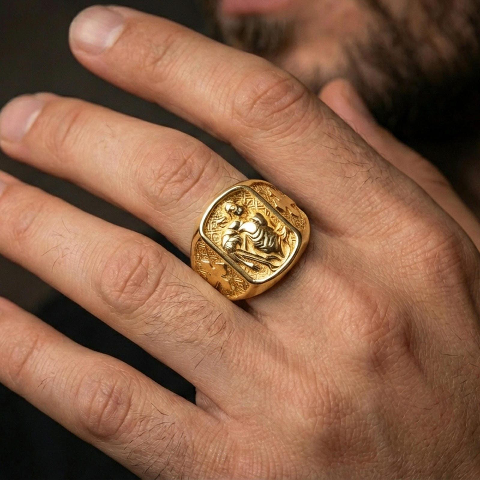 Gold plated St Sebastian ring worn on finger, patron saint protector symbol, meaningful religious gift for him