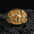 Load image into Gallery viewer, Gold plated St Sebastian ring on dark volcanic rock, patron saint martyr relief, Catholic Christian protector jewelry gift
