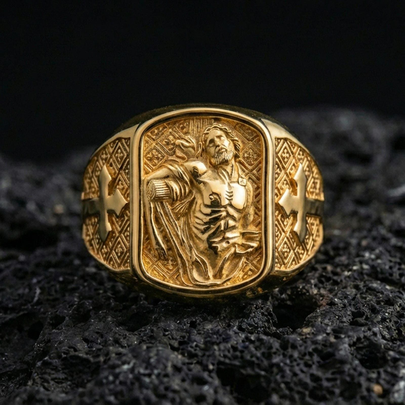 Gold plated St Sebastian ring on dark volcanic rock, patron saint martyr relief, Catholic Christian protector jewelry gift