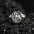 Load image into Gallery viewer, Polished silver St Christopher ring on porous volcanic stone, saint carrying child engraving, religious travel protection jewelry
