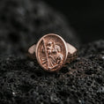 Load image into Gallery viewer, Rose gold plated St Christopher ring on volcanic stone, detailed saint traveler cameo, Catholic protective jewelry ring

