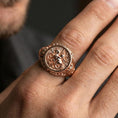 Load image into Gallery viewer, Rose gold plated St George ring worn on finger, detailed dragon battle cameo, faith jewelry statement signet ring
