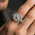 Load image into Gallery viewer, Polished silver St George ring worn on finger, warrior saint engraving, meaningful religious signet ring for men
