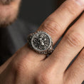Load image into Gallery viewer, Oxidized sterling silver St George signet ring worn on finger, dragon slayer saint relief, Christian protection jewelry
