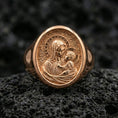 Load image into Gallery viewer, Rose gold plated Mother Mary ring on volcanic stone, Sacred Child portrait cameo, religious jewelry gift
