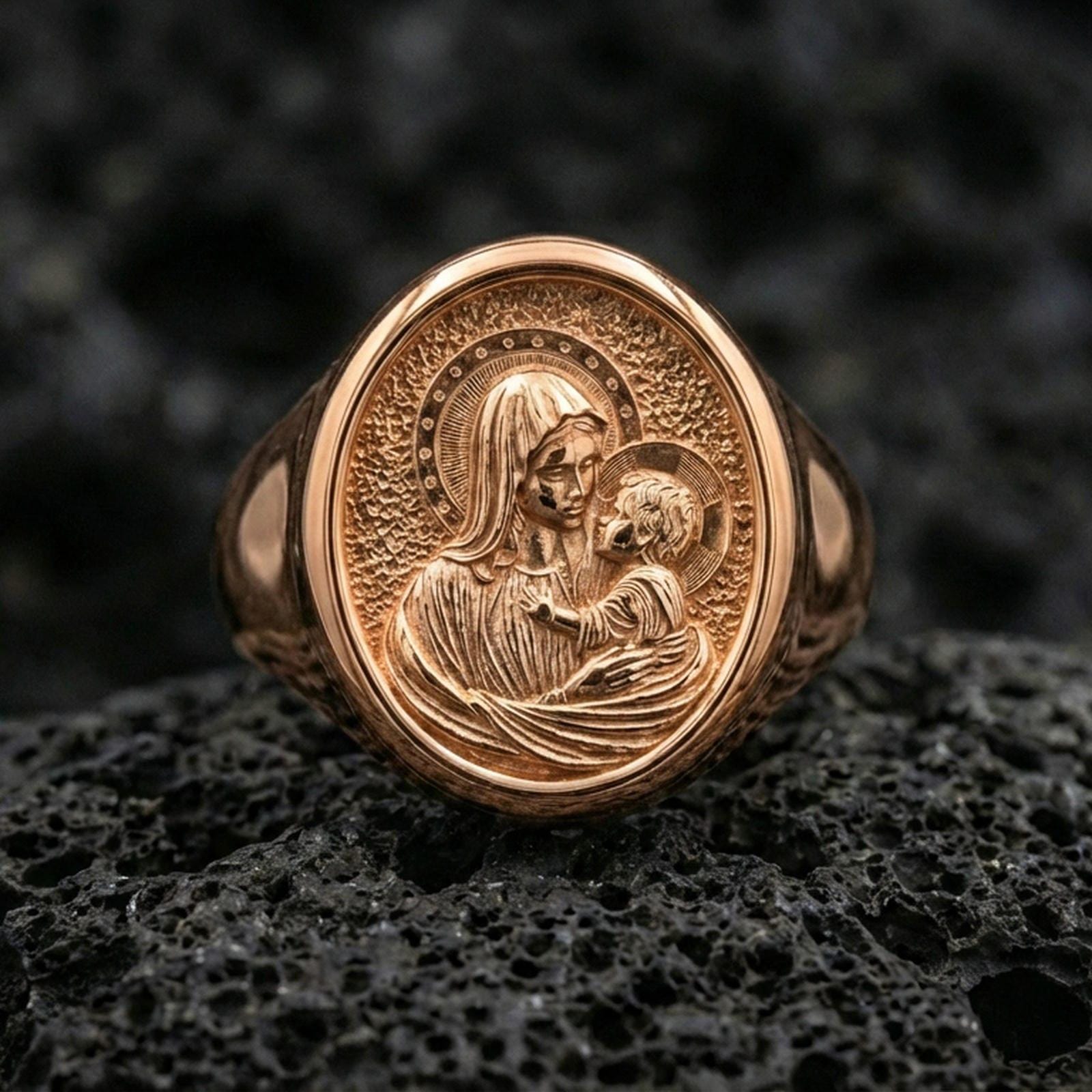 Rose gold plated Mother Mary ring on volcanic stone, Sacred Child portrait cameo, religious jewelry gift