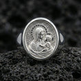 Load image into Gallery viewer, Polished silver Virgin Mary ring on porous volcanic stone, Sacred Child halo detail, Christian faith signet ring
