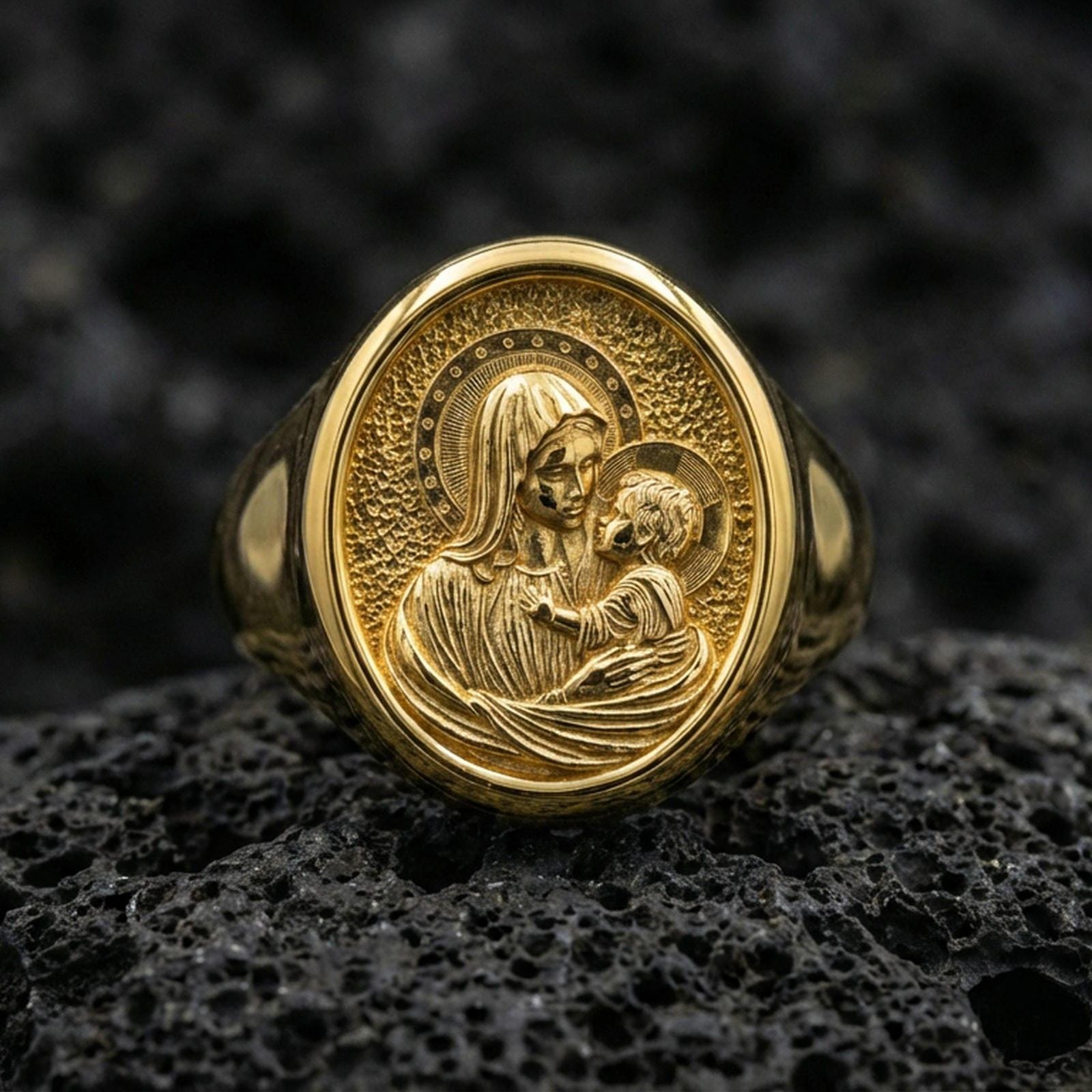Gold plated Madonna and Child ring on dark volcanic rock, Virgin Mary relief engraving, Catholic gift jewelry