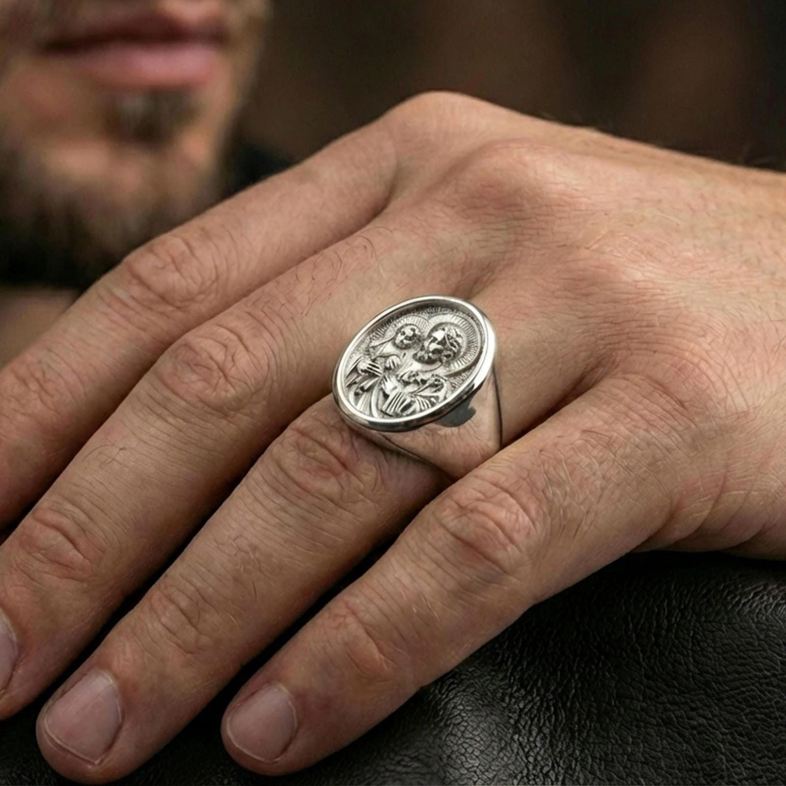Polished silver Saint Joseph ring on hand, classic religious signet ring for daily wear