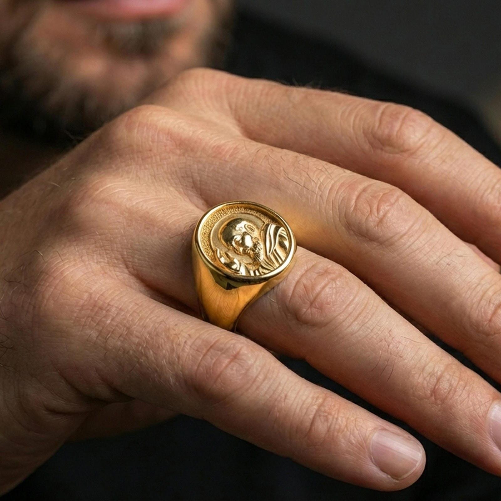 Gold plated Padre Pio ring worn on finger, saint portrait design, Catholic devotional gift for him