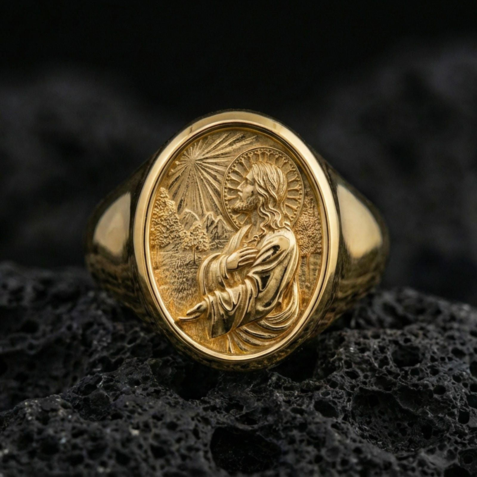 Gold plated Jesus Christ ring on volcanic stone, faith signet ring with halo relief
