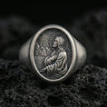 Load image into Gallery viewer, Oxidized 925 sterling silver Jesus Christ signet ring on volcanic rock, halo prayer relief
