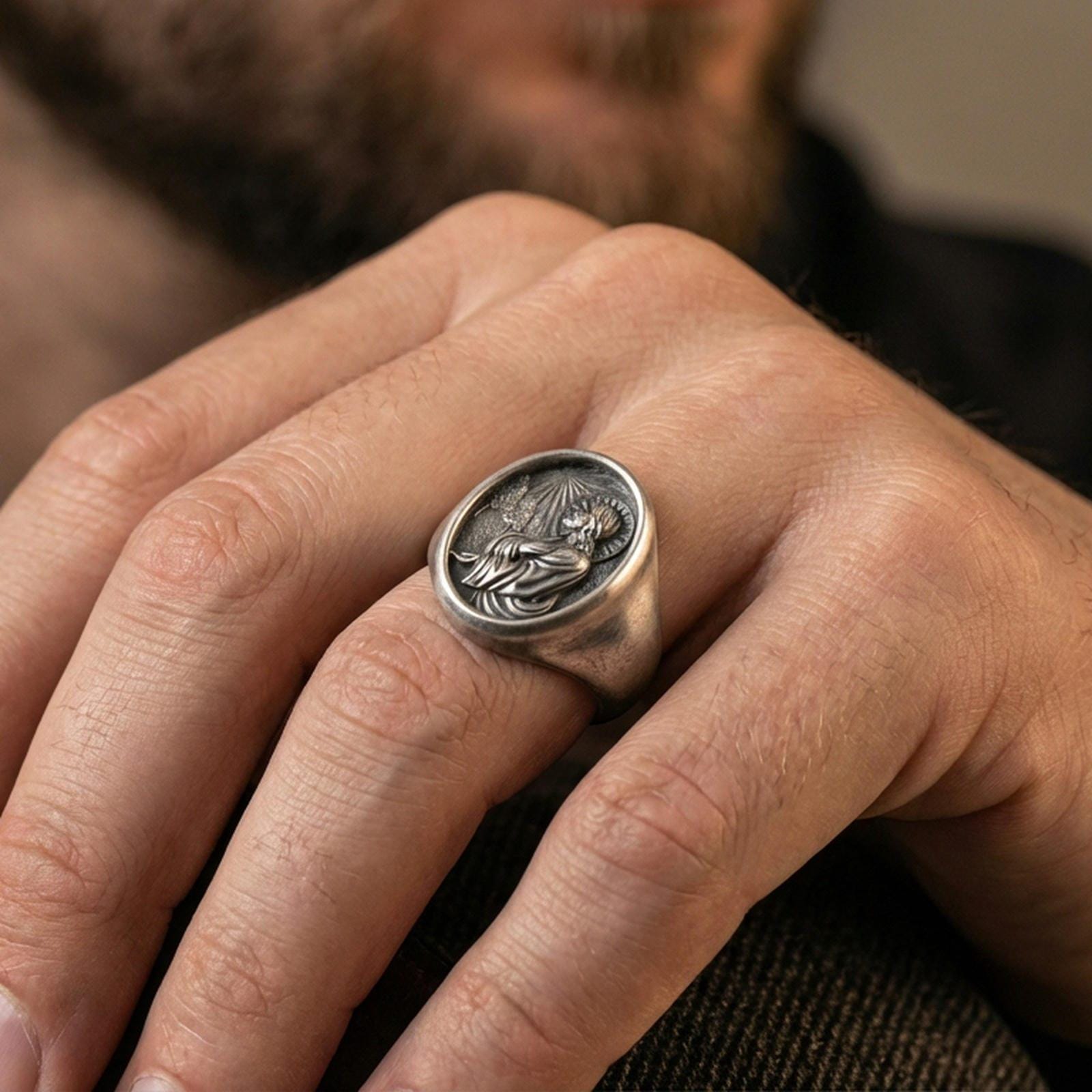 Oxidized Jesus Christ ring worn on finger, prayer relief signet for everyday faith style