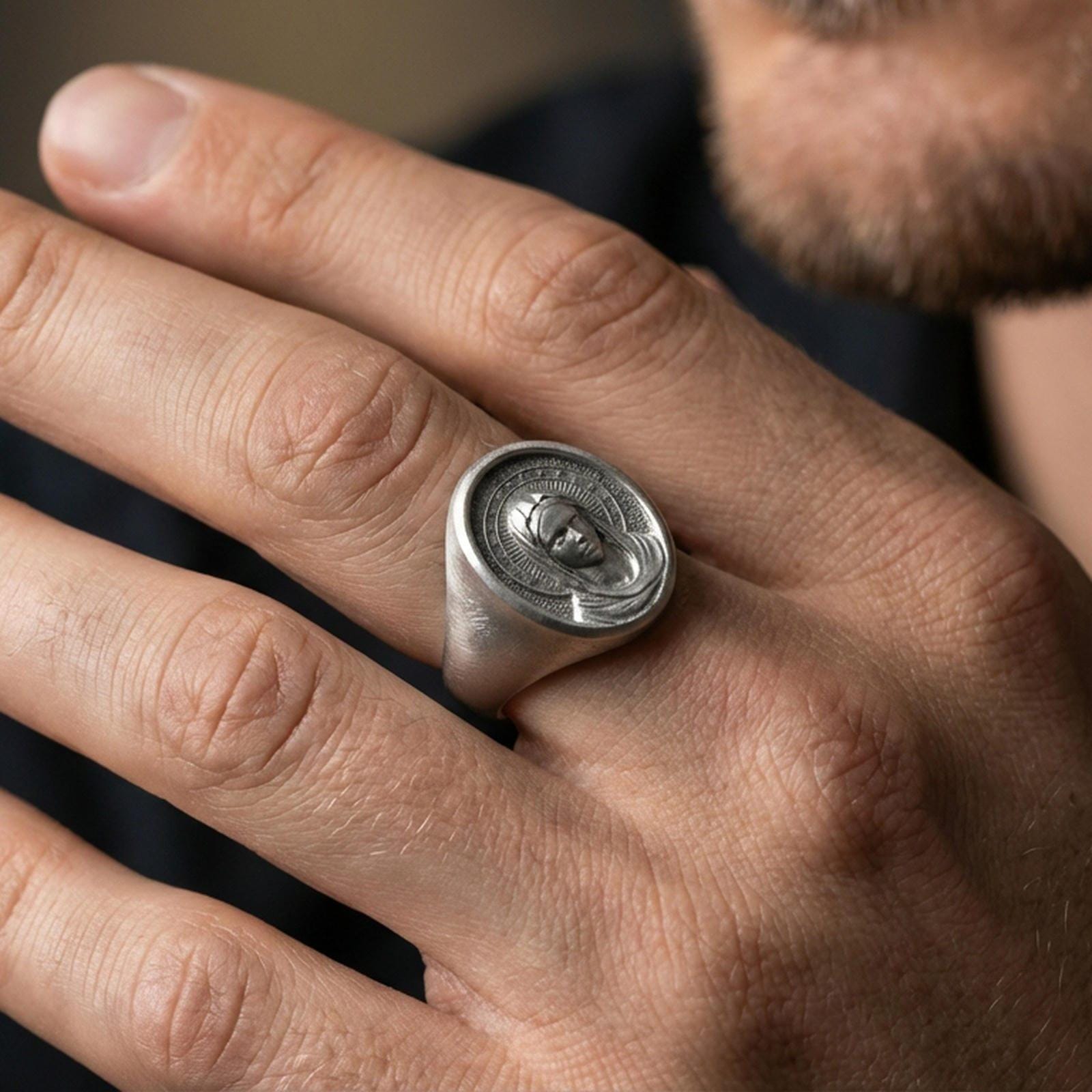 Oxidized 925 sterling silver Virgin Mary ring worn on finger, sacred portrait signet style, Catholic religious jewelry