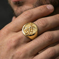 Load image into Gallery viewer, Gold plated St. Michael ring worn on finger, Catholic protection jewelry, archangel Michael victory symbol
