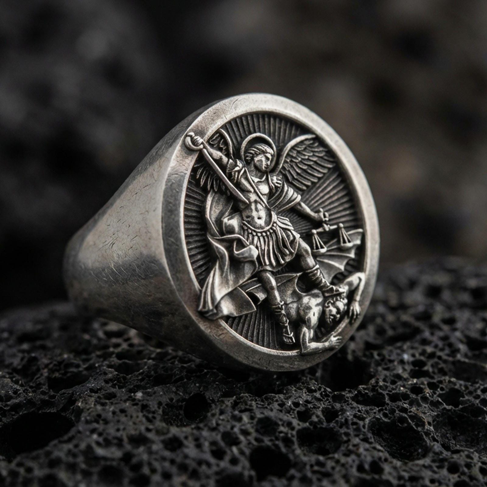 Oxidized 925 sterling silver St. Michael signet ring on volcanic rock, archangel defeating evil relief, Christian protection jewelry