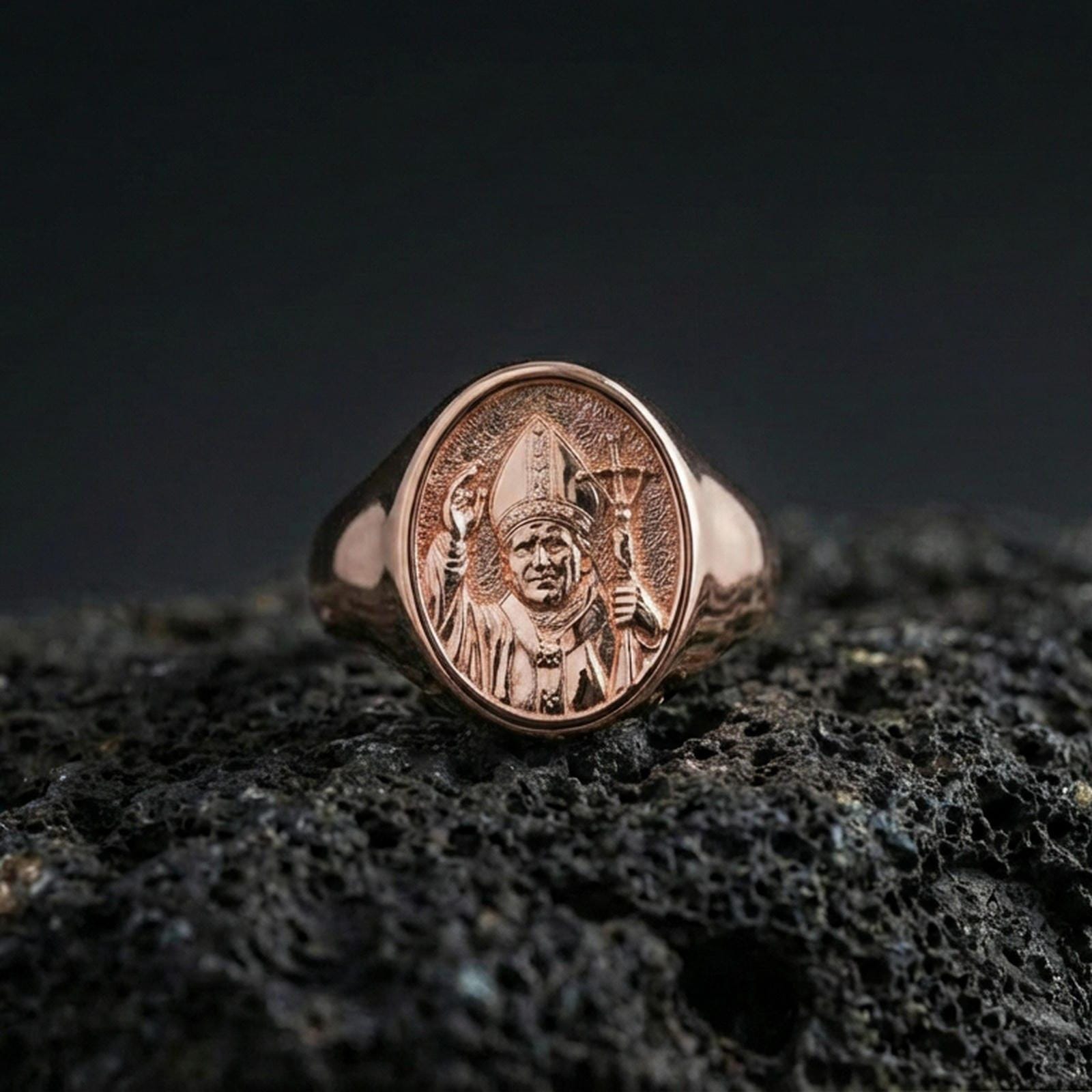 Rose gold plated Pope John Paul II ring on volcanic stone, papal portrait relief, elegant Catholic signet ring
