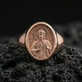 Load image into Gallery viewer, Rose gold plated Saint Jude signet ring on volcanic stone, devotional Catholic jewelry
