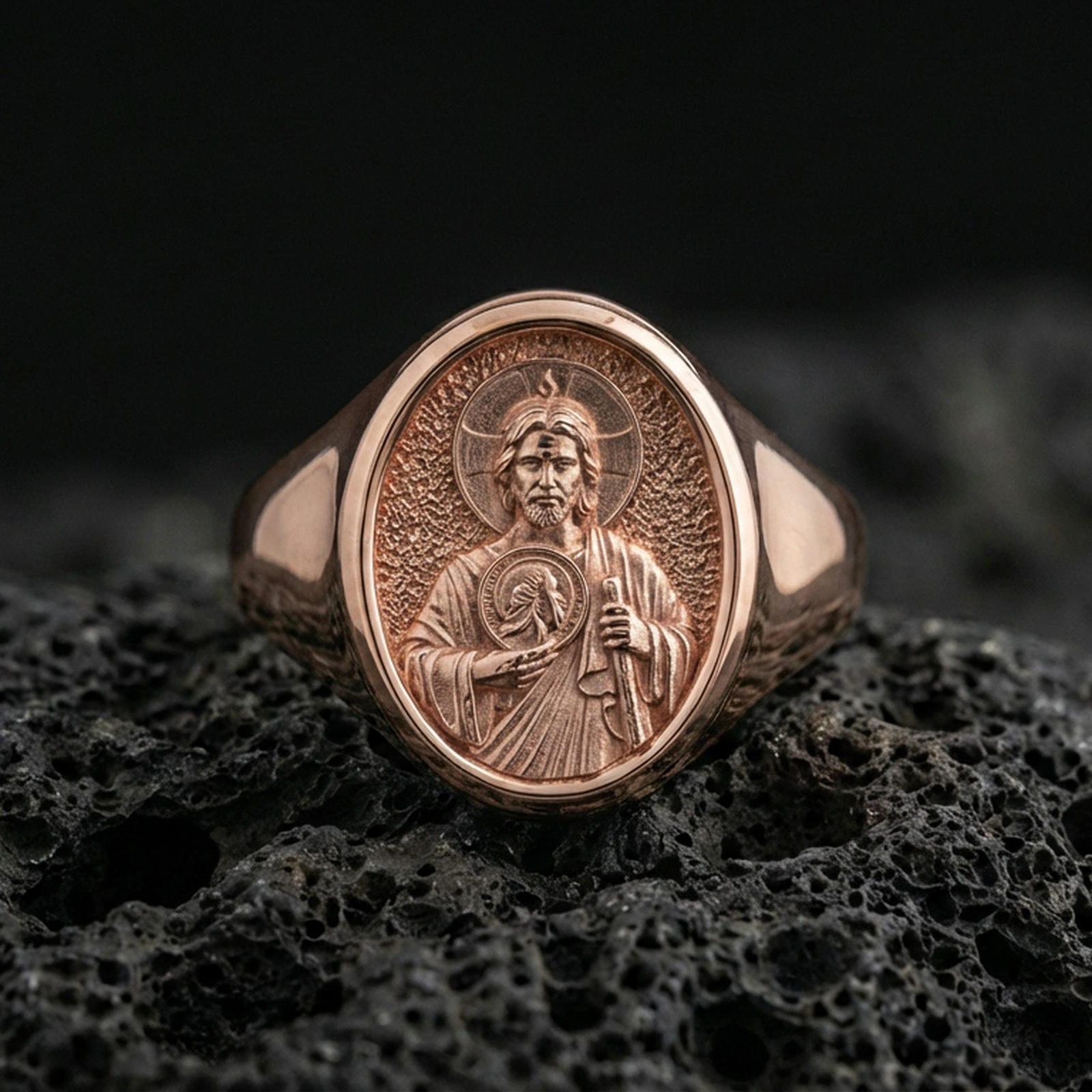 Rose gold plated Saint Jude signet ring on volcanic stone, devotional Catholic jewelry