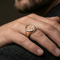 Load image into Gallery viewer, Rose Gold plated St Francis ring worn on finger, meaningful Christian devotional gift ring
