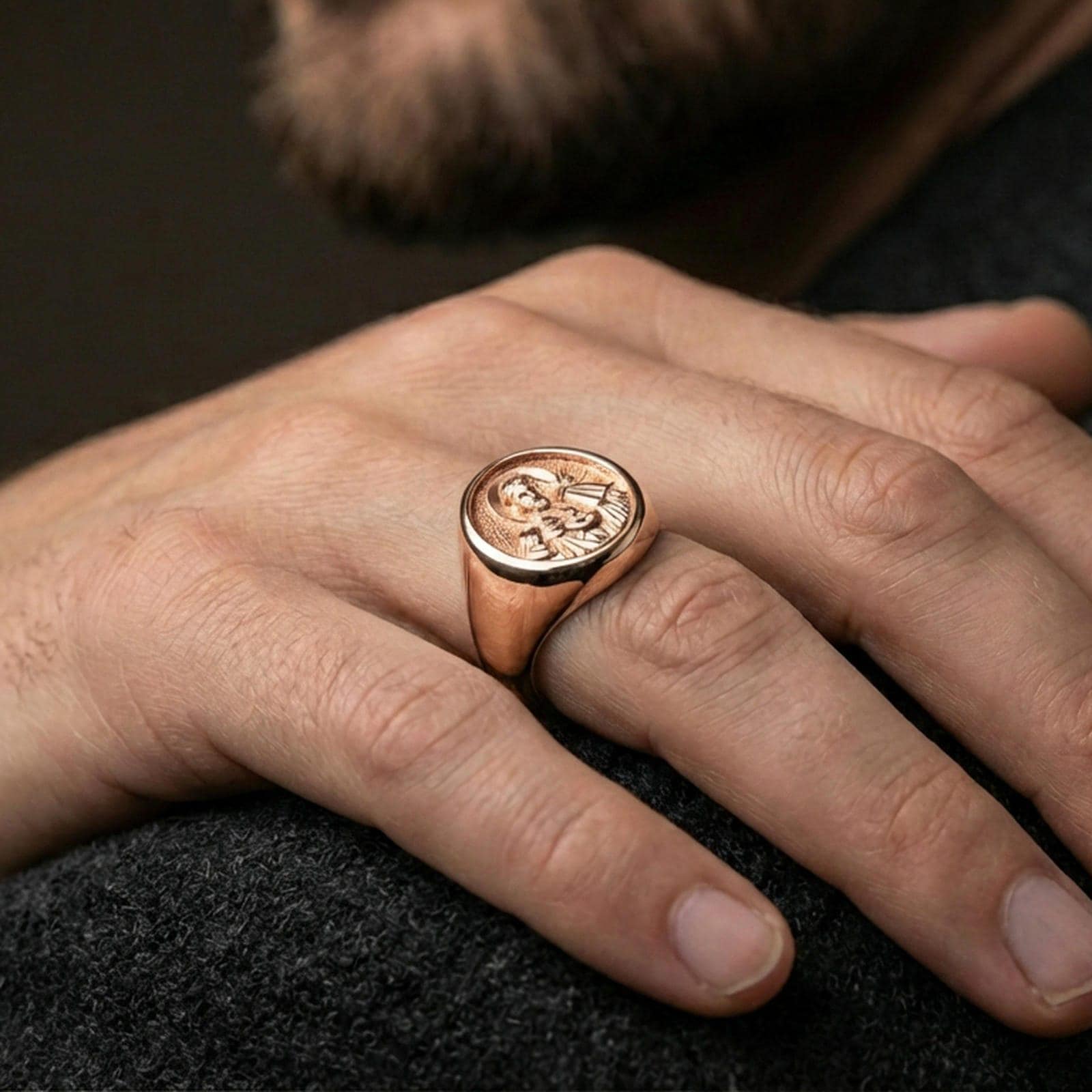 Rose Gold plated St Francis ring worn on finger, meaningful Christian devotional gift ring